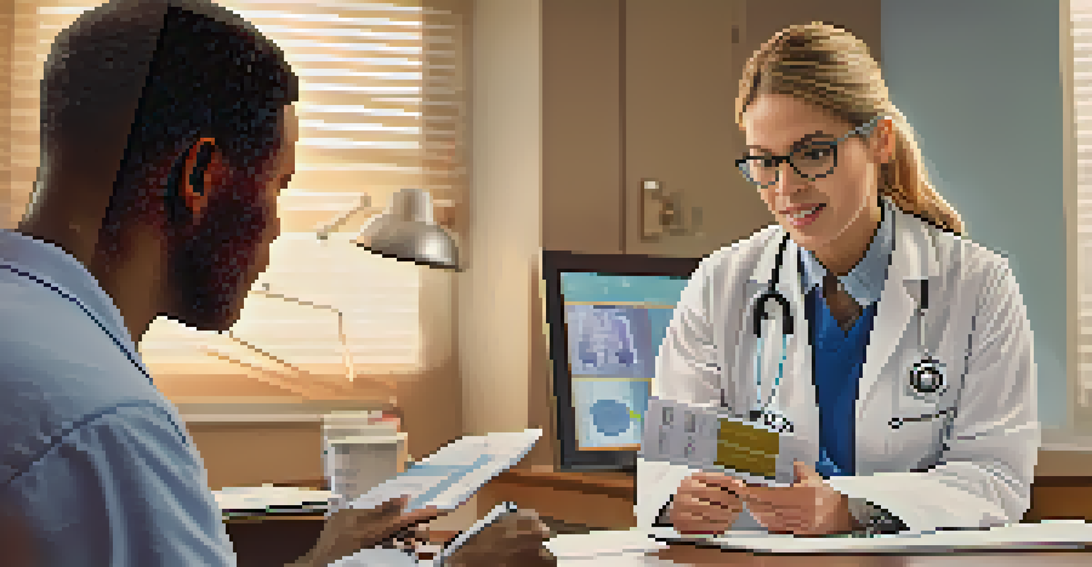 A healthcare professional discussing health screening results with a patient in a welcoming clinic room.