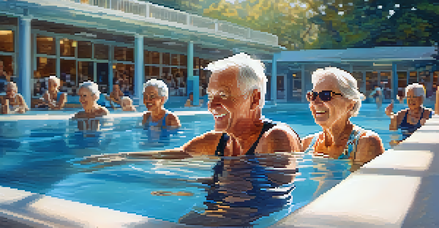 An elderly couple participating in a gentle aqua aerobics class in a bright swimming pool, surrounded by other seniors enjoying their exercises.