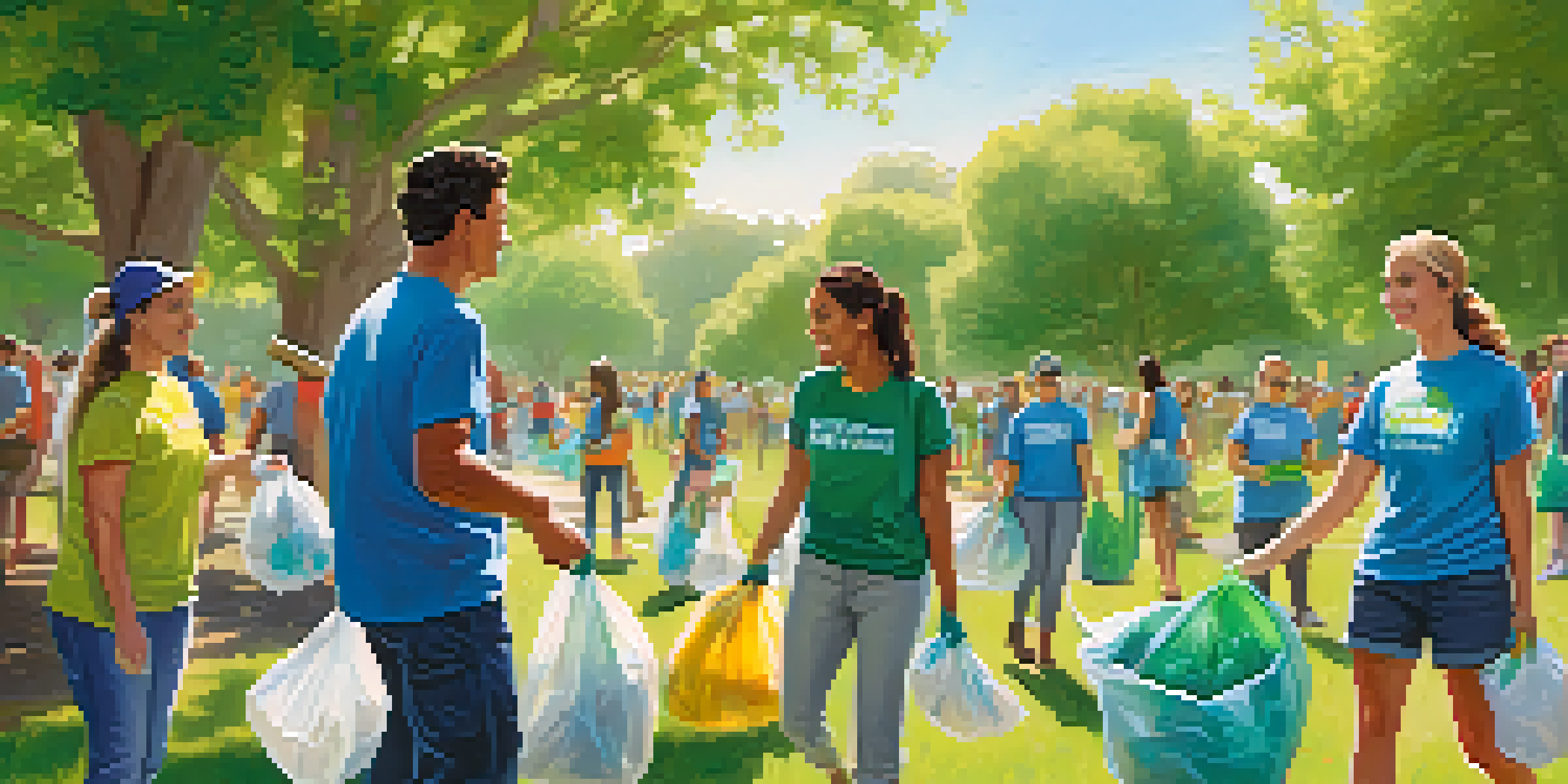 Volunteers participating in a community clean-up event, collecting plastic waste in a sunny park with trees and a blue sky.
