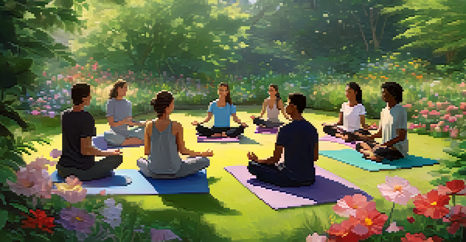A mindfulness workshop for youth in a peaceful garden, with participants seated in a circle on yoga mats, engaged in meditation under soft sunlight.