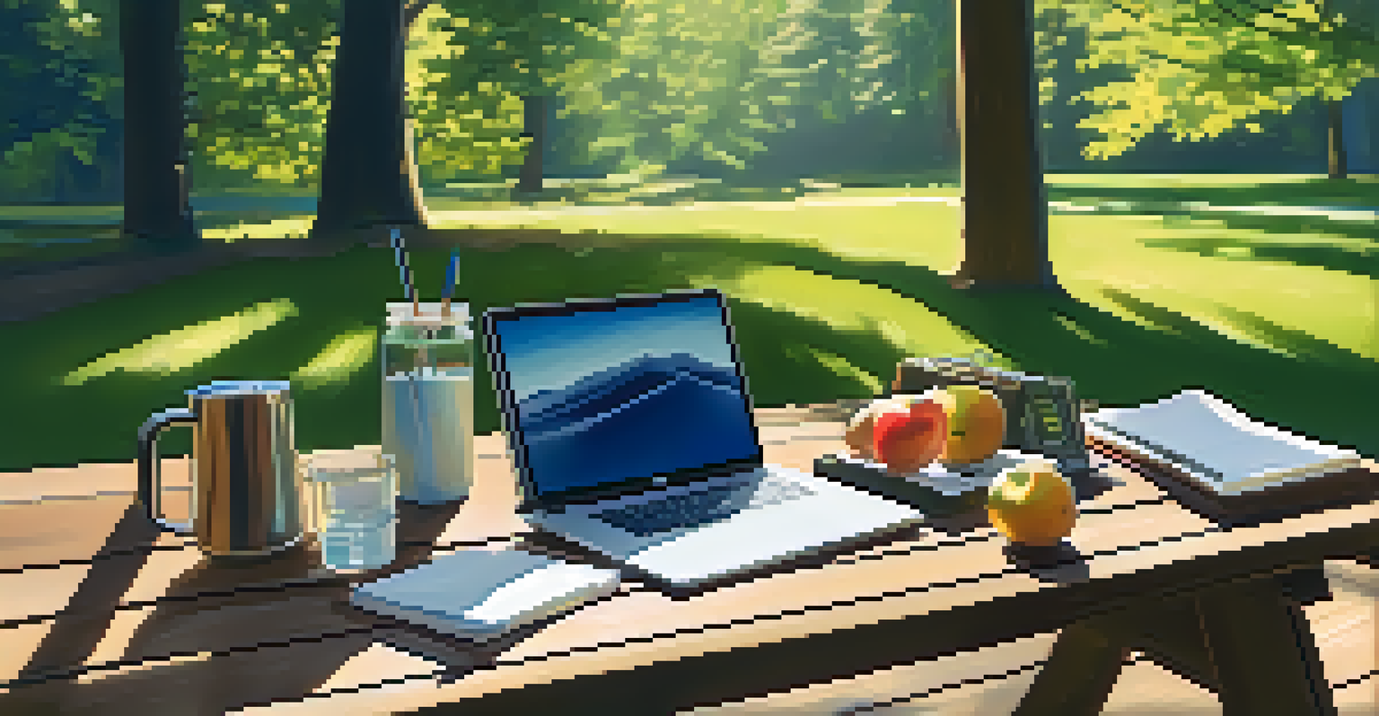 A laptop on a picnic table in a sunny outdoor setting, surrounded by trees.