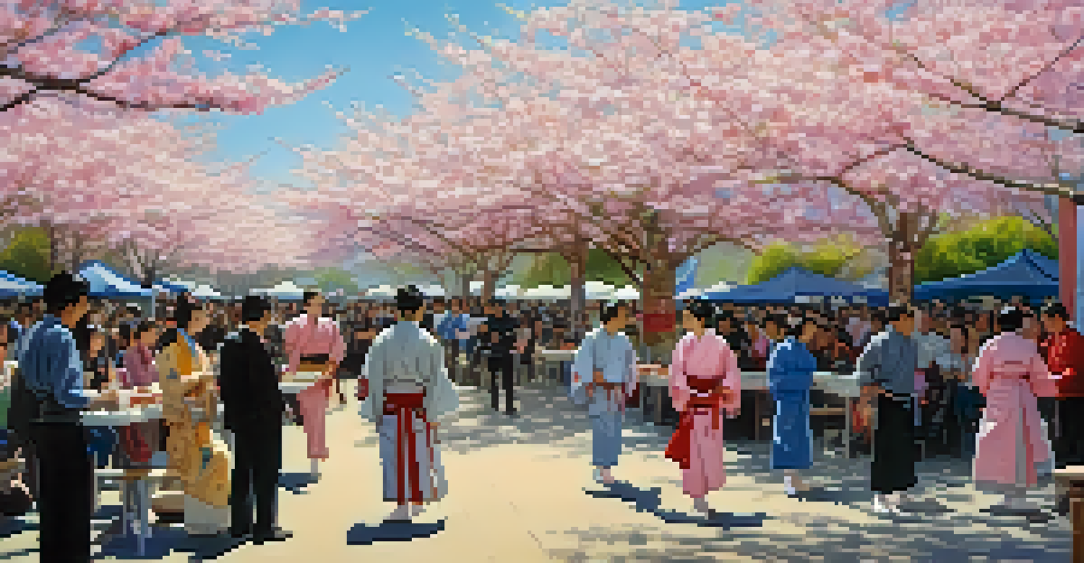 Beautiful cherry blossoms in bloom at the Cupertino Cherry Blossom Festival, with people enjoying traditional performances and Japanese food.