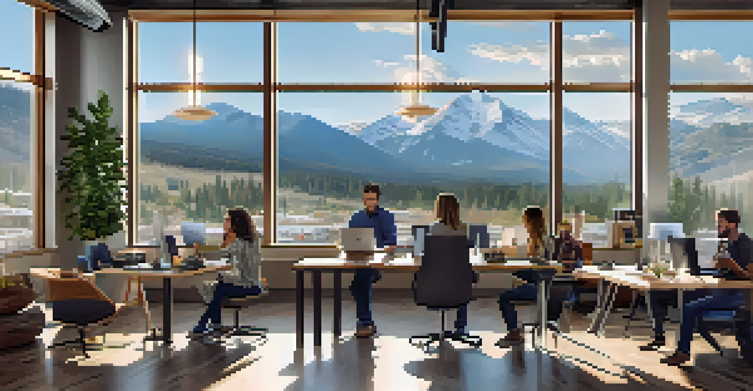 A modern coworking space in Denver, Colorado, with large windows and mountain views.
