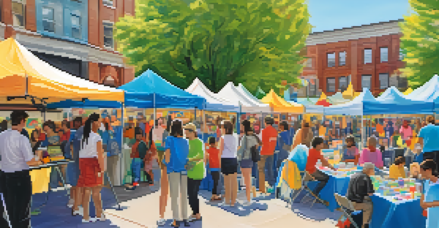 A vibrant mental health awareness fair with booths and people engaging in activities under a sunny sky.
