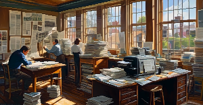 A warm and inviting community newspaper office with vintage printing presses, sunlight, and journalists collaborating.