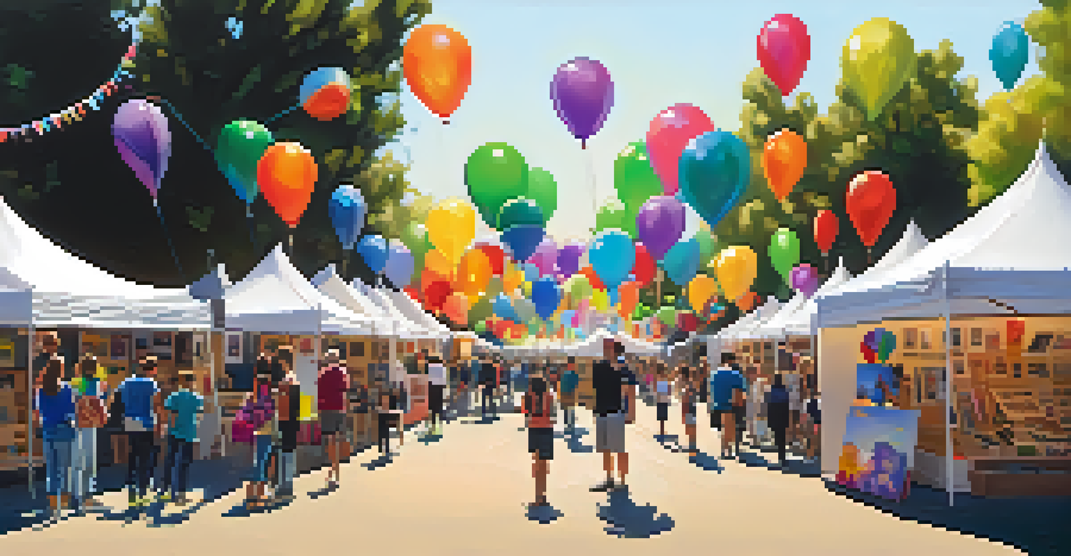 An outdoor art fair with families enjoying student artwork displayed in colorful stalls.