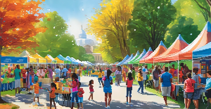A lively community health fair in a park, featuring families engaging in health activities and children participating in fitness challenges under a sunny sky.