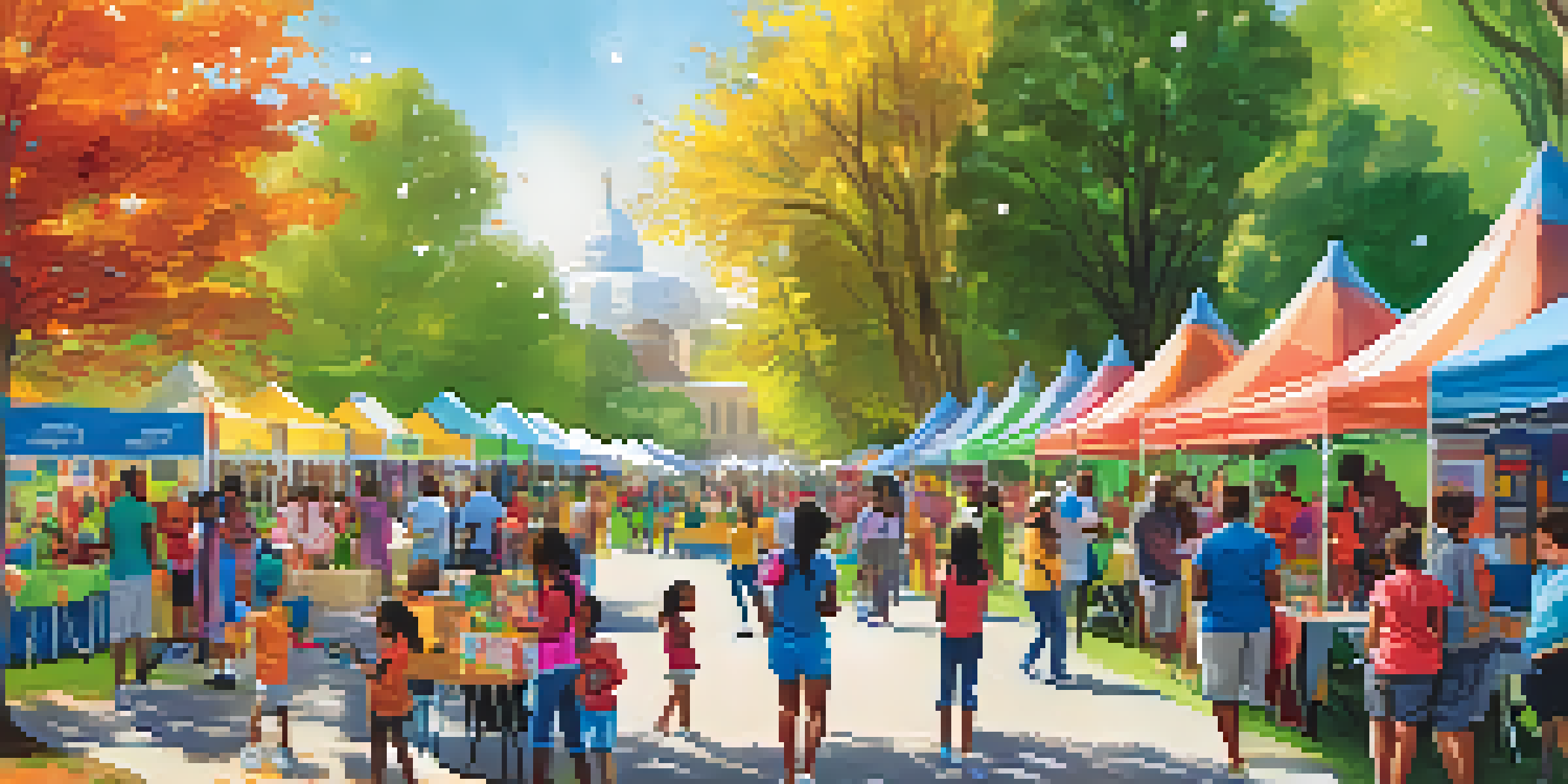 A lively community health fair in a park, featuring families engaging in health activities and children participating in fitness challenges under a sunny sky.
