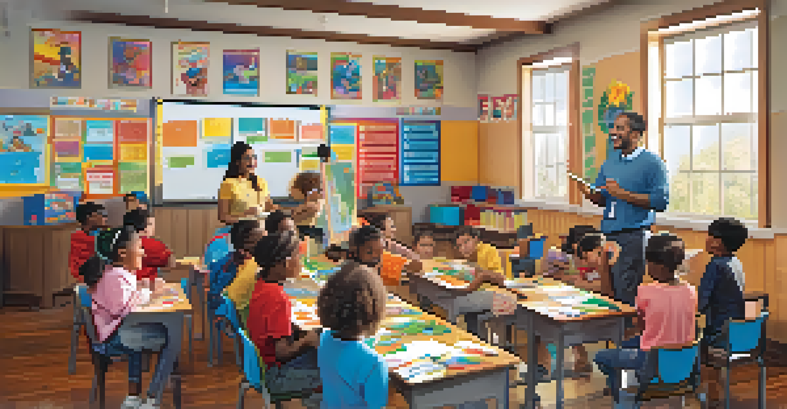 A volunteer teaching children in a colorful classroom, with children actively participating in a fun educational activity.