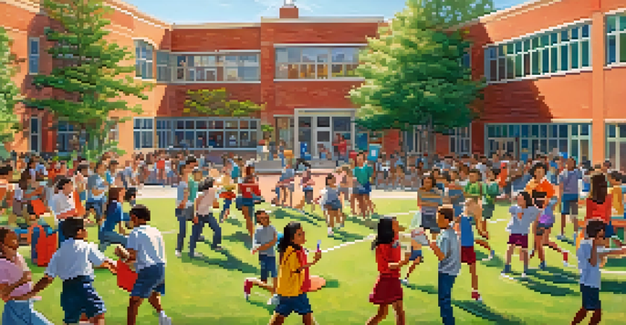A lively school environment with students participating in different activities such as art, sports, and debate, surrounded by colorful decorations.