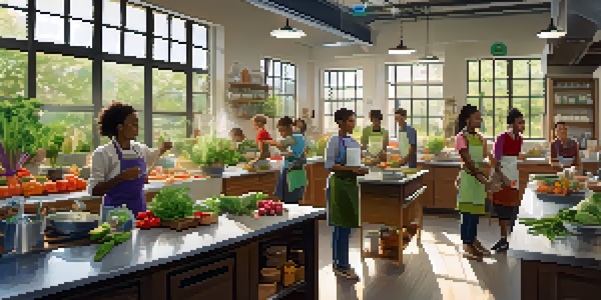 A diverse group of students cooking in a bright culinary classroom surrounded by fresh vegetables and herbs.