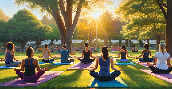 A group of diverse individuals practicing yoga outdoors at sunset in a park, surrounded by greenery.