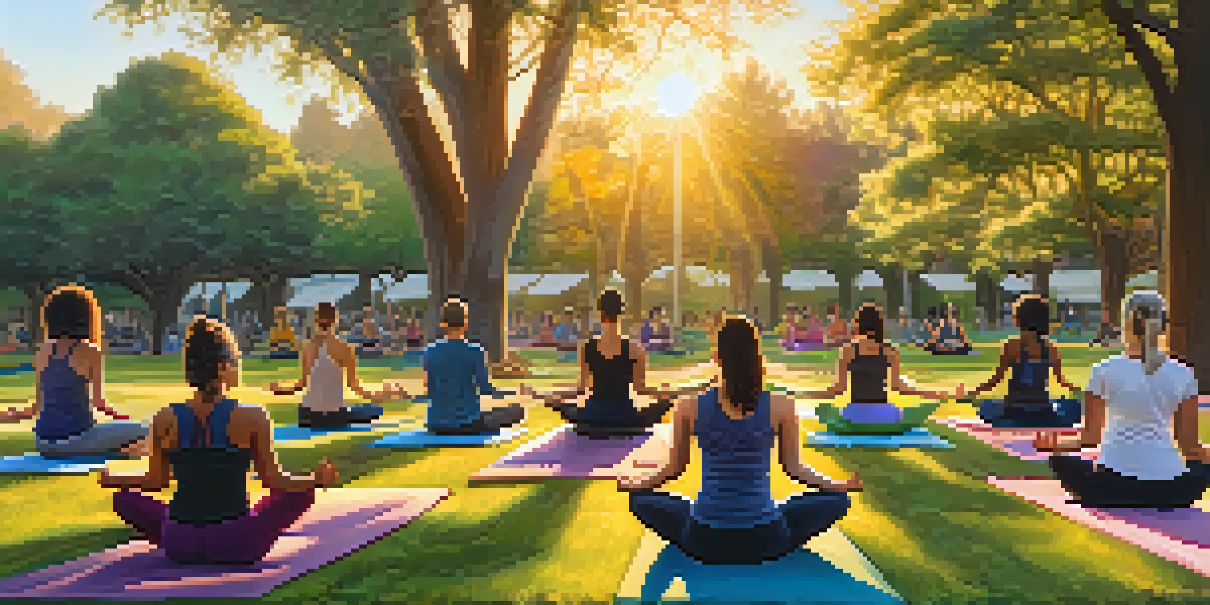 A group of diverse individuals practicing yoga outdoors at sunset in a park, surrounded by greenery.