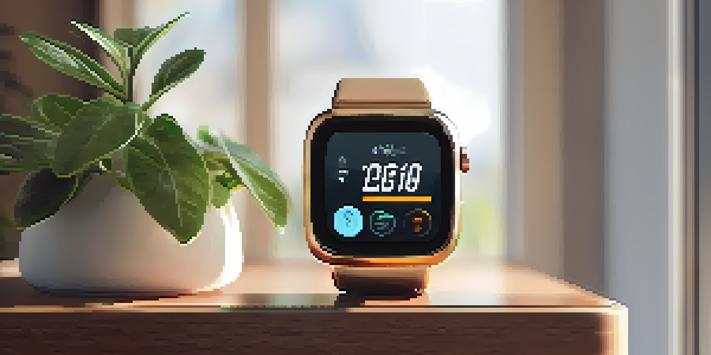 A close-up of a smartwatch on a wooden table, showing health metrics with soft natural light and a blurred background of a plant and coffee cup.