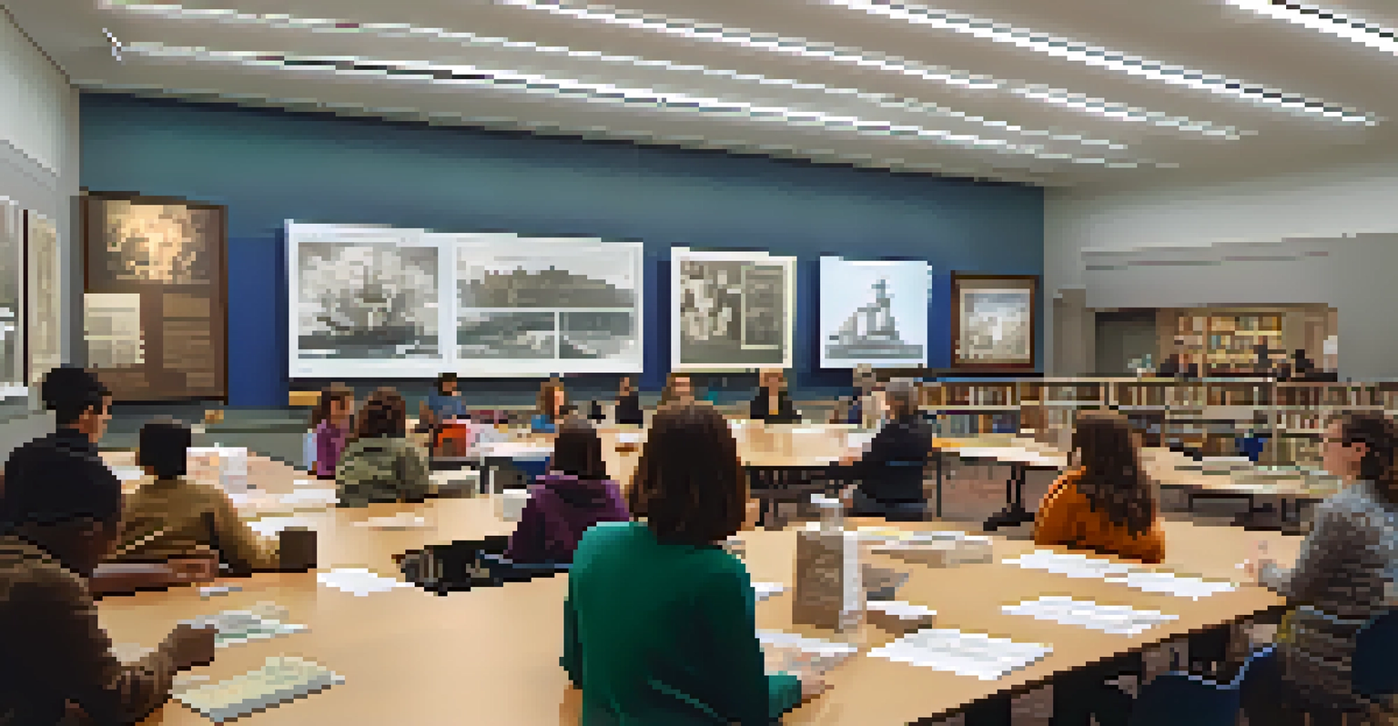 An educational workshop in a library with participants exploring archival materials and engaging in discussions about local history.