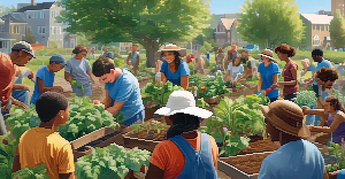 A group of diverse volunteers planting in a community garden, with smiles and teamwork evident among them.