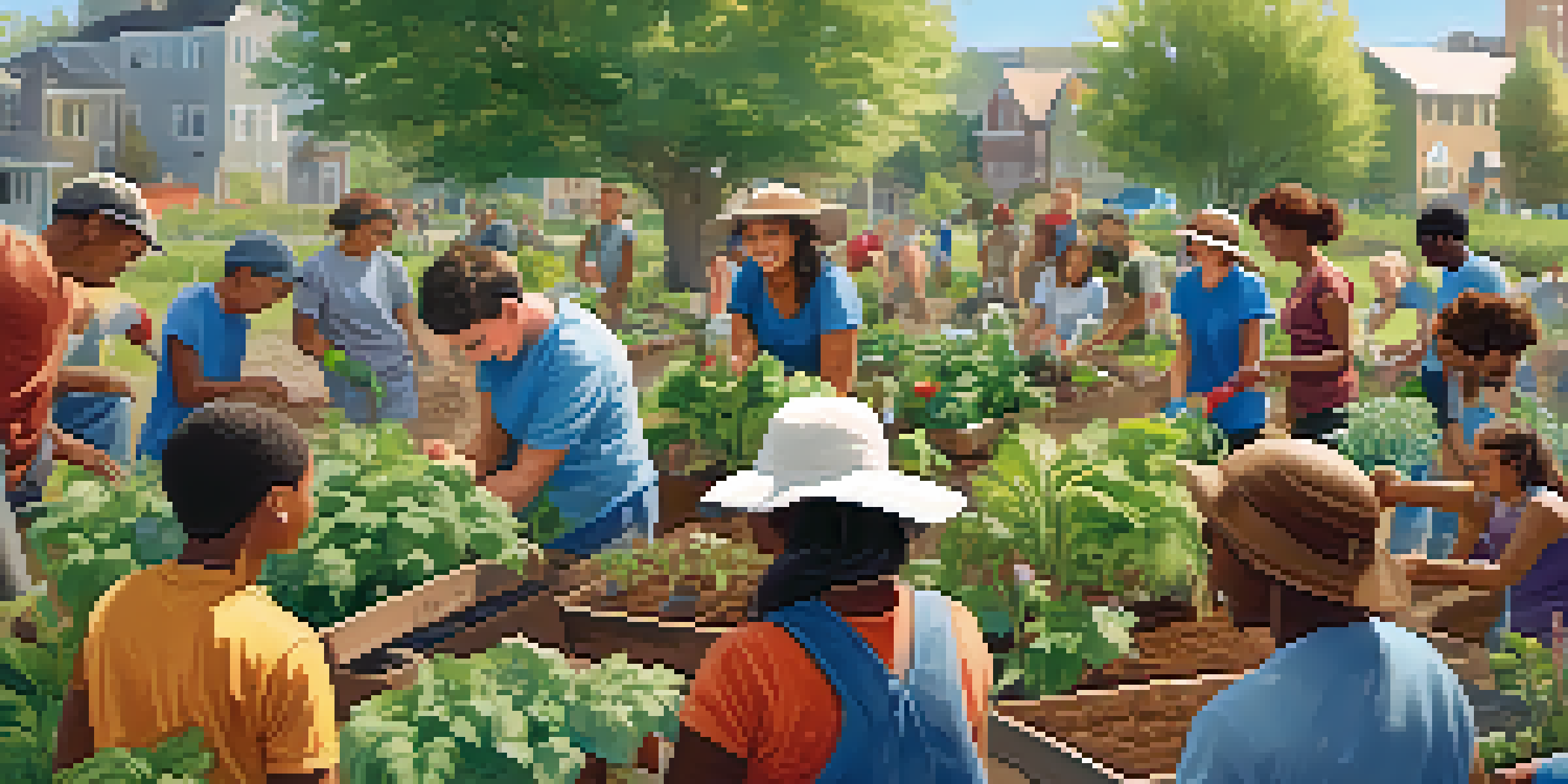 A group of diverse volunteers planting in a community garden, with smiles and teamwork evident among them.