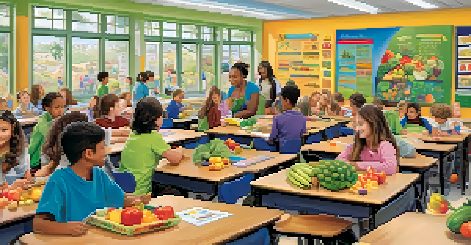 Students in a Cupertino school classroom learning about nutrition, with colorful posters and fresh produce on their desks.