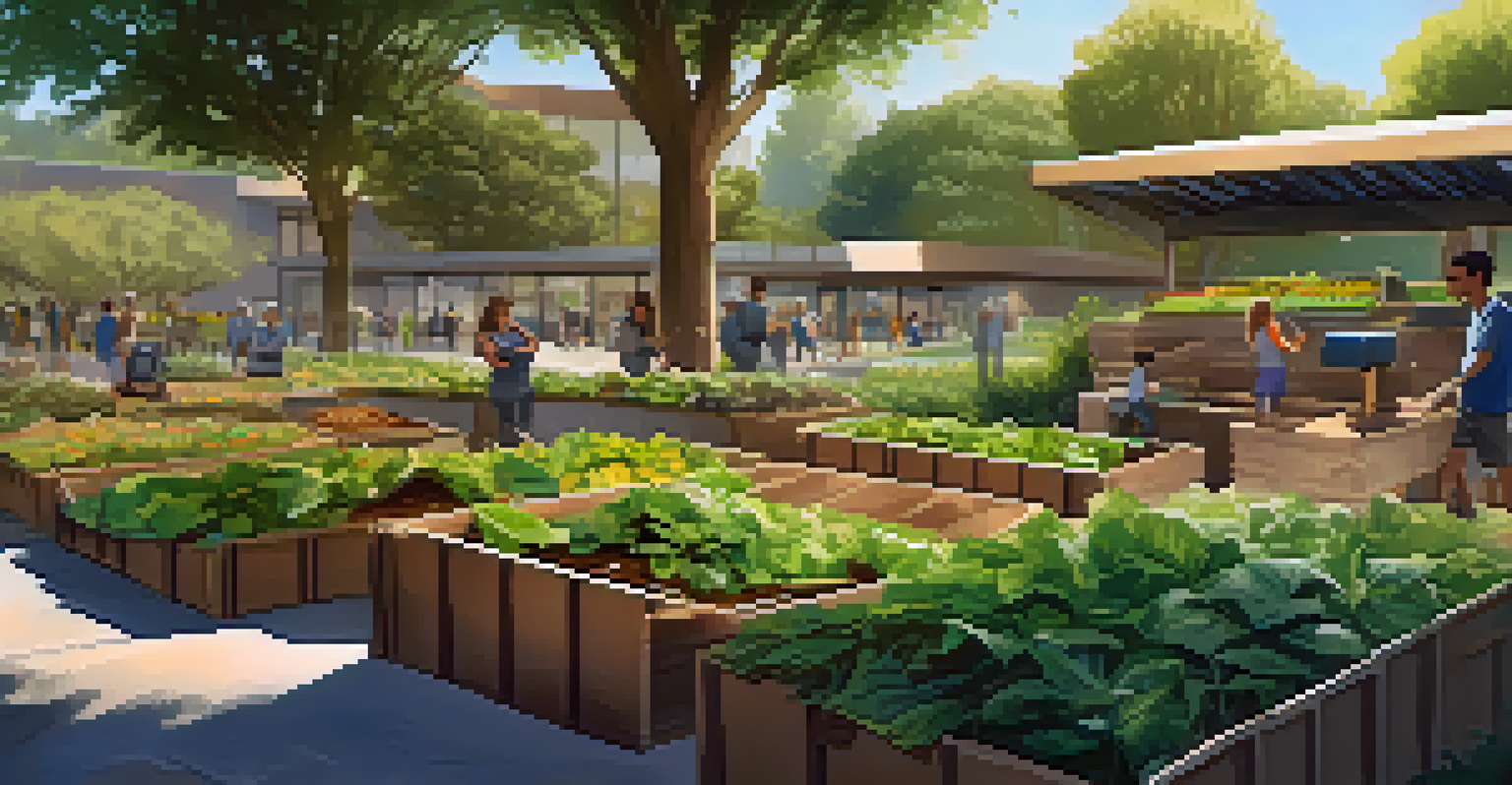 A modern composting site in Cupertino with residents collecting organic waste and educational signs amidst lush greenery and sunlight filtering through the trees.