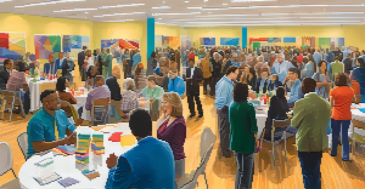 A vibrant community networking event with diverse individuals sharing ideas and exchanging business cards in a bright hall.