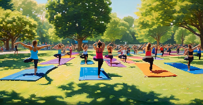 A diverse group of people participating in an outdoor yoga class in a sunny park, surrounded by green trees and a clear sky.