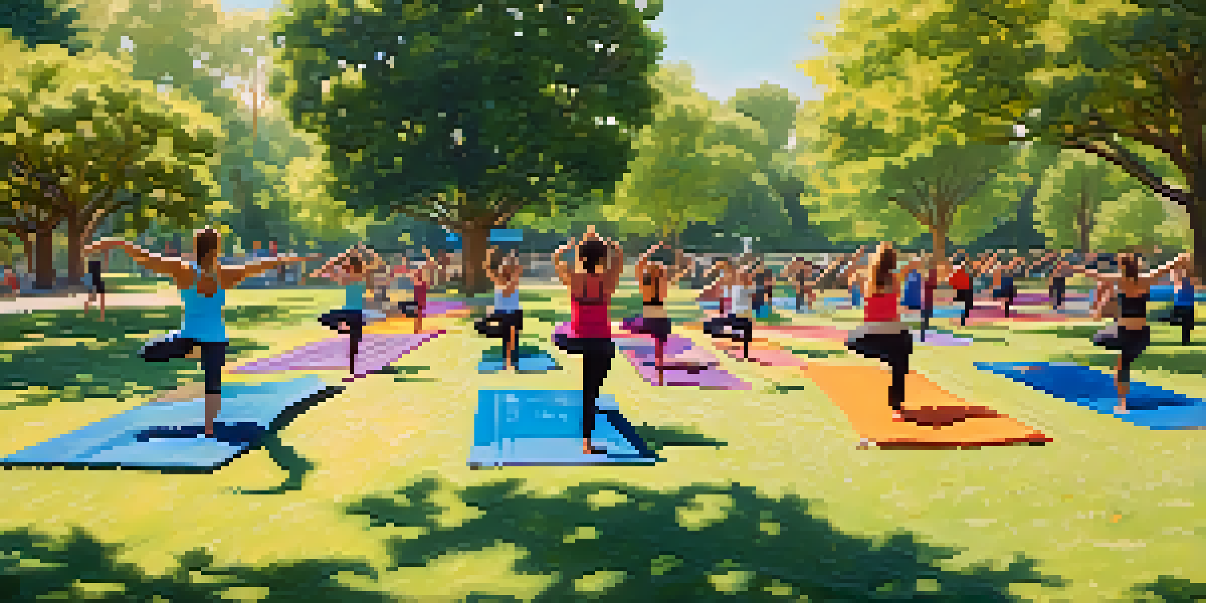 A diverse group of people participating in an outdoor yoga class in a sunny park, surrounded by green trees and a clear sky.