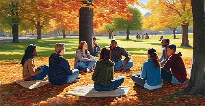 A diverse group of people sitting in a circle in a park during autumn, discussing mental health in a supportive environment.