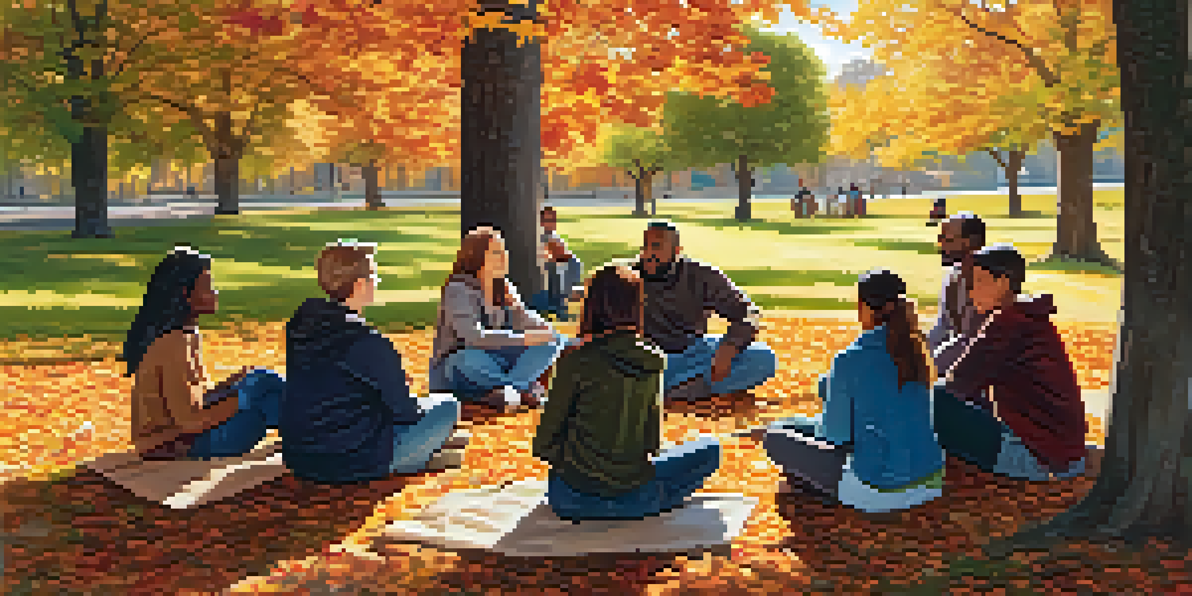 A diverse group of people sitting in a circle in a park during autumn, discussing mental health in a supportive environment.