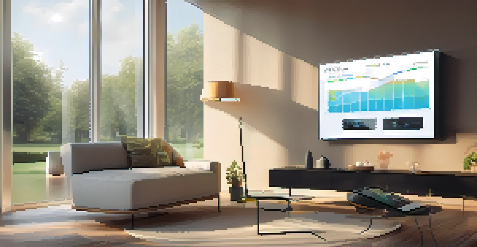 A smart home device monitoring energy usage in a modern living room, with graphs displayed and sunlight visible through the window.