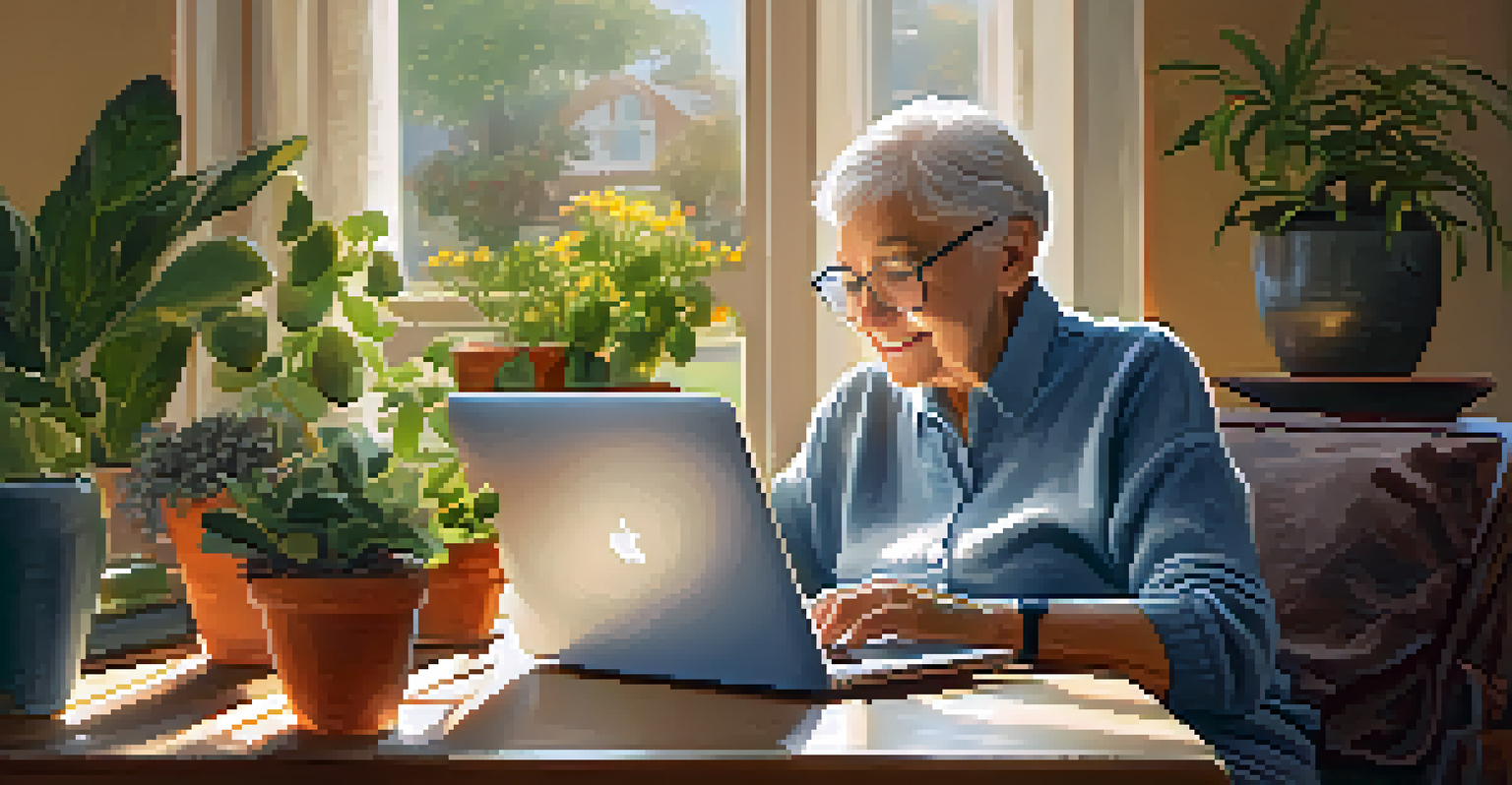 An elderly person at home using a laptop for an online gardening class, surrounded by plants and warm sunlight.