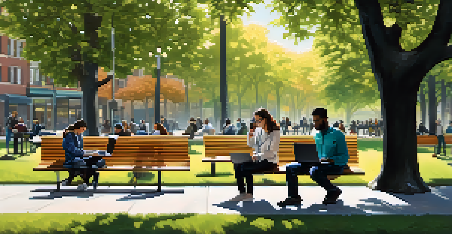 A diverse group of individuals in a park, using devices for telemedicine consultations with a city skyline in the background.