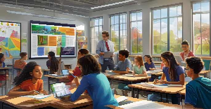 A diverse group of students working collaboratively in a modern classroom filled with technology and colorful decorations.