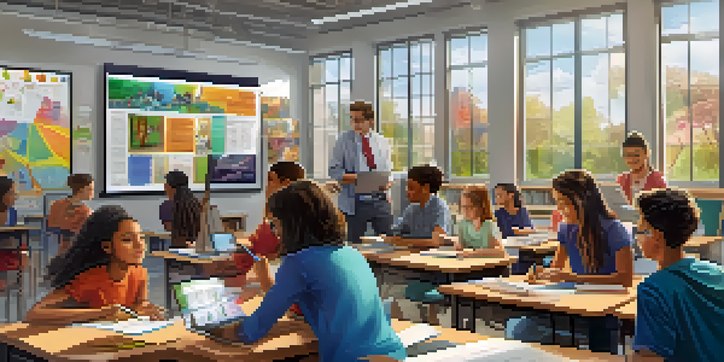 A diverse group of students working collaboratively in a modern classroom filled with technology and colorful decorations.