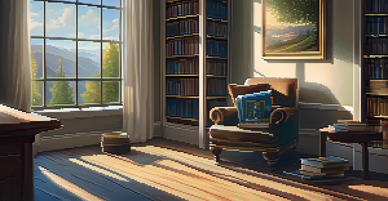 A cozy reading nook in a library with financial literacy books on a wooden table and a comfortable armchair with a cup of coffee.