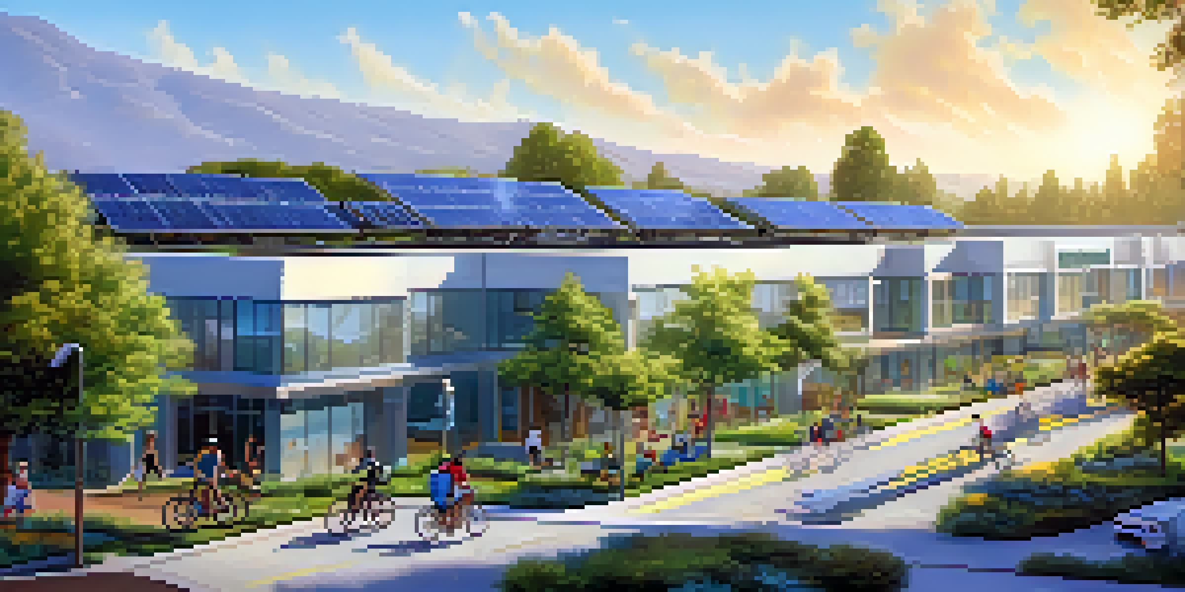 A sunny urban scene in Cupertino featuring solar panels, modern buildings, greenery, and cyclists on bike lanes.