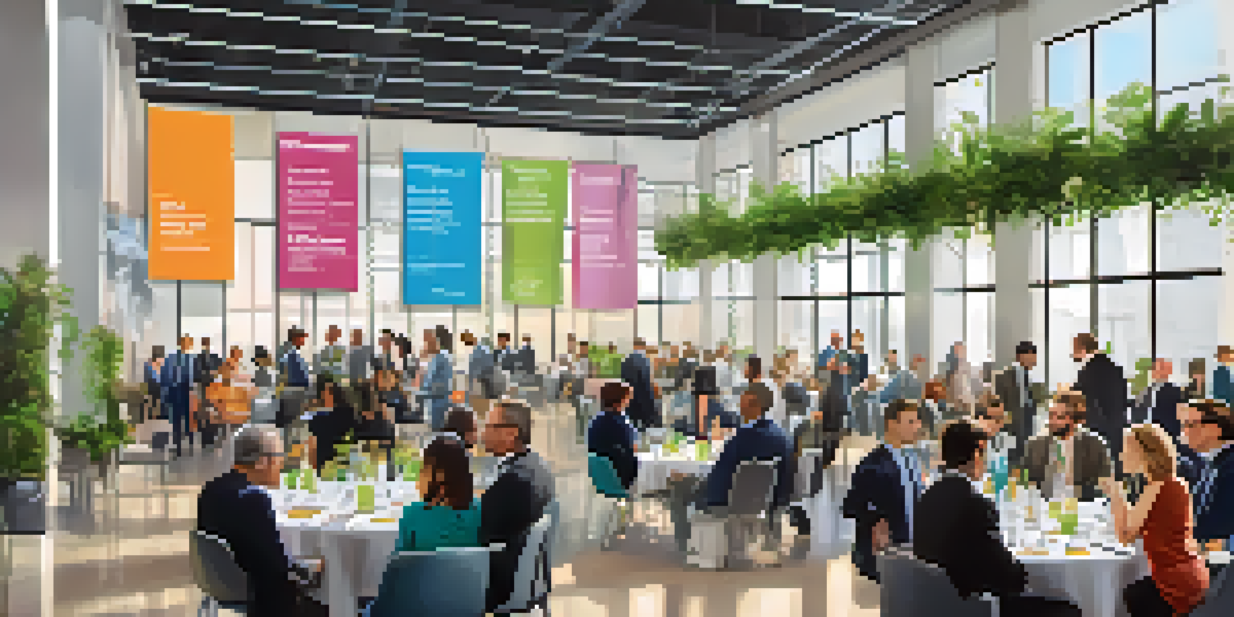 A networking event with diverse professionals conversing in a bright modern conference hall, showcasing business attire and company banners.