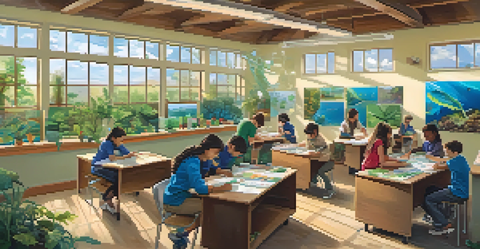 A classroom filled with students examining plants and soil samples, with educational charts about ecosystems on the walls and sunlight streaming in through windows.
