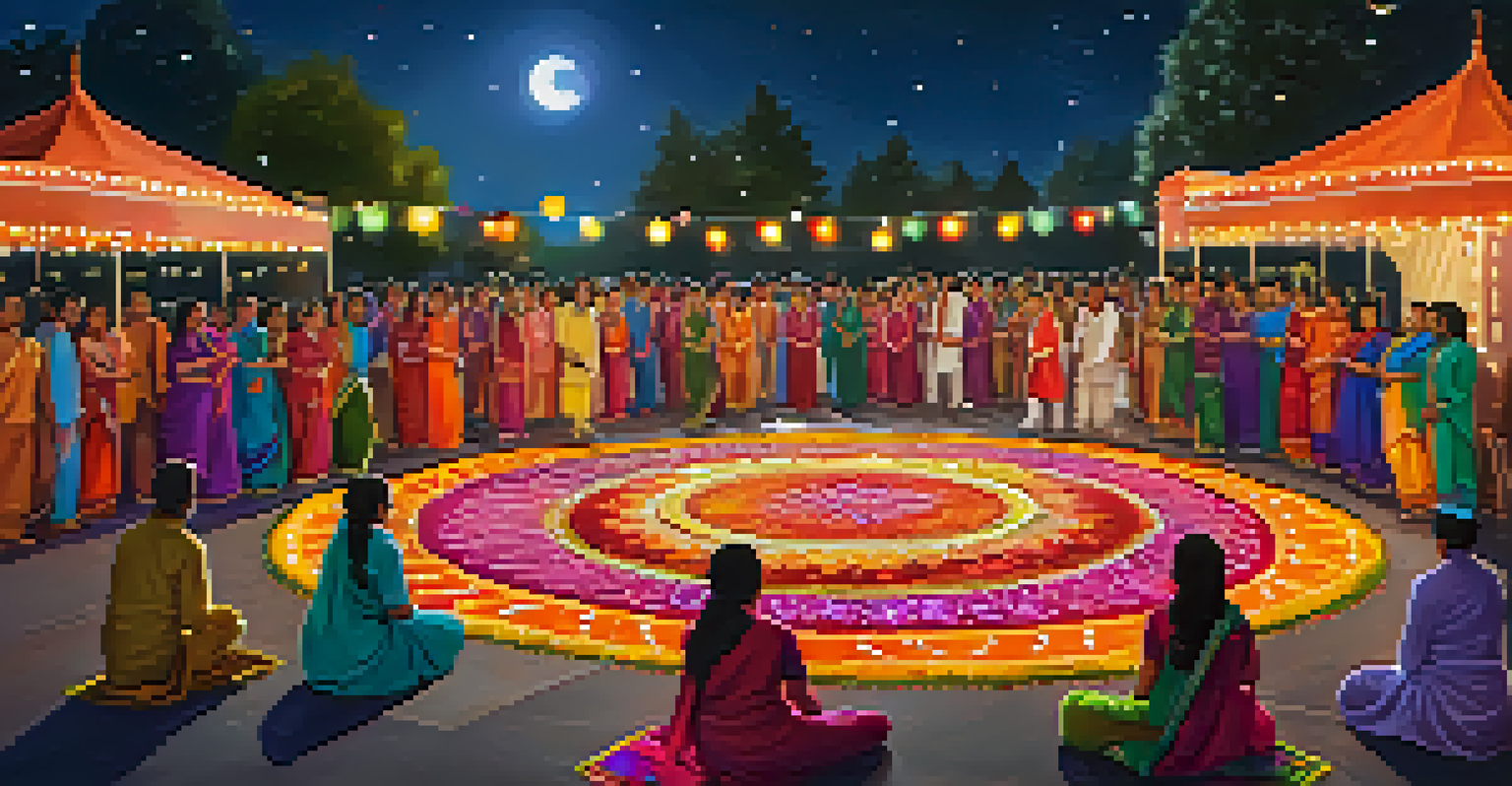 A festive Diwali celebration in Cupertino showcasing colorful rangoli, twinkling lights, and locals in traditional Indian attire enjoying food and dance under a starry sky.