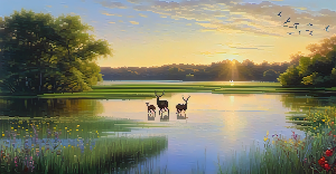 A peaceful wetland habitat with migratory birds flying overhead and deer grazing near the water, illuminated by golden sunlight.