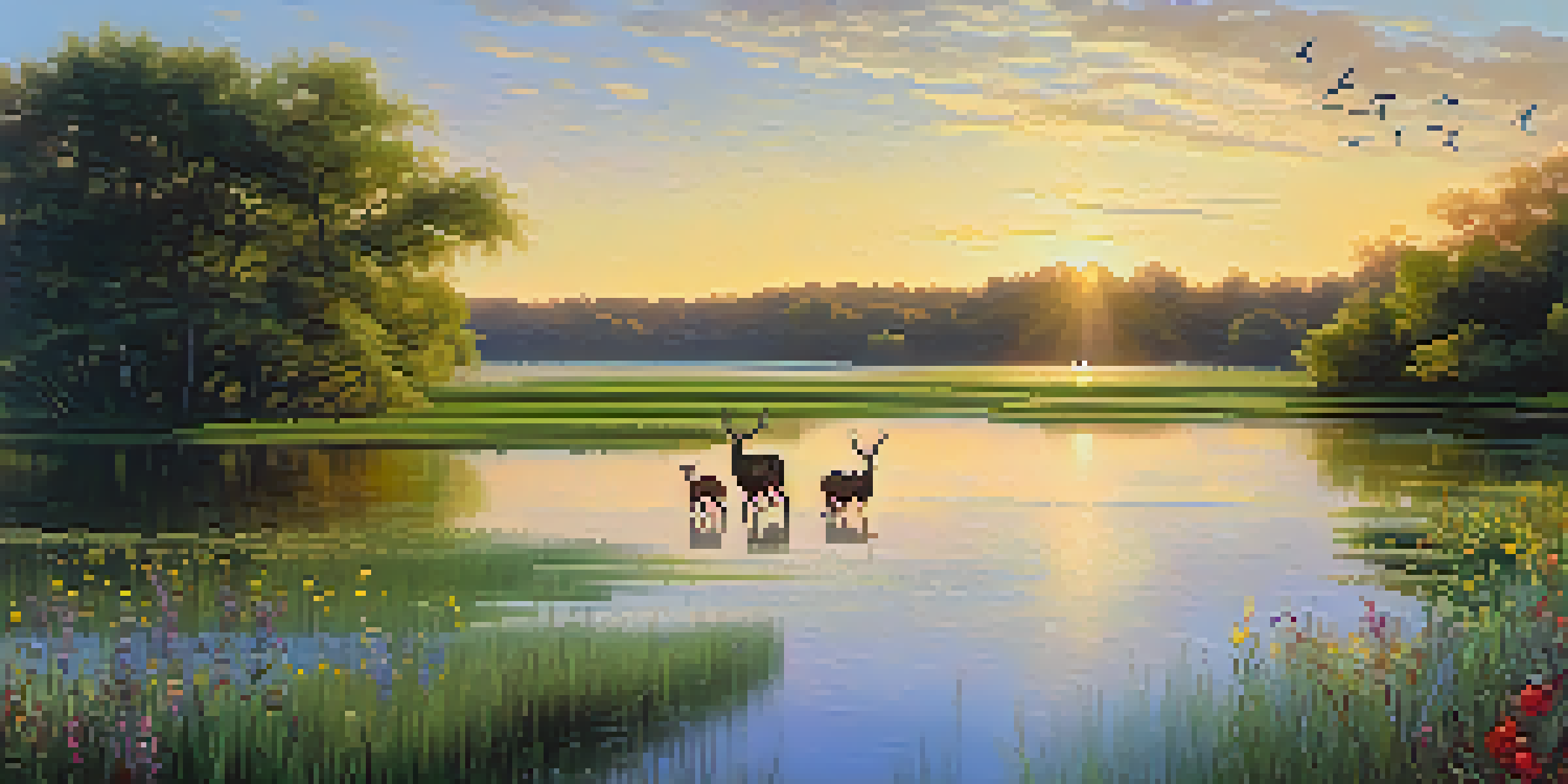 A peaceful wetland habitat with migratory birds flying overhead and deer grazing near the water, illuminated by golden sunlight.
