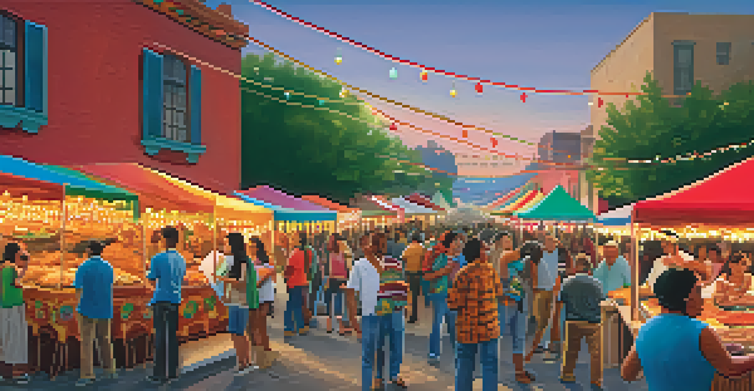 A vibrant Latin American street festival with food stalls and people enjoying music and traditional dishes.