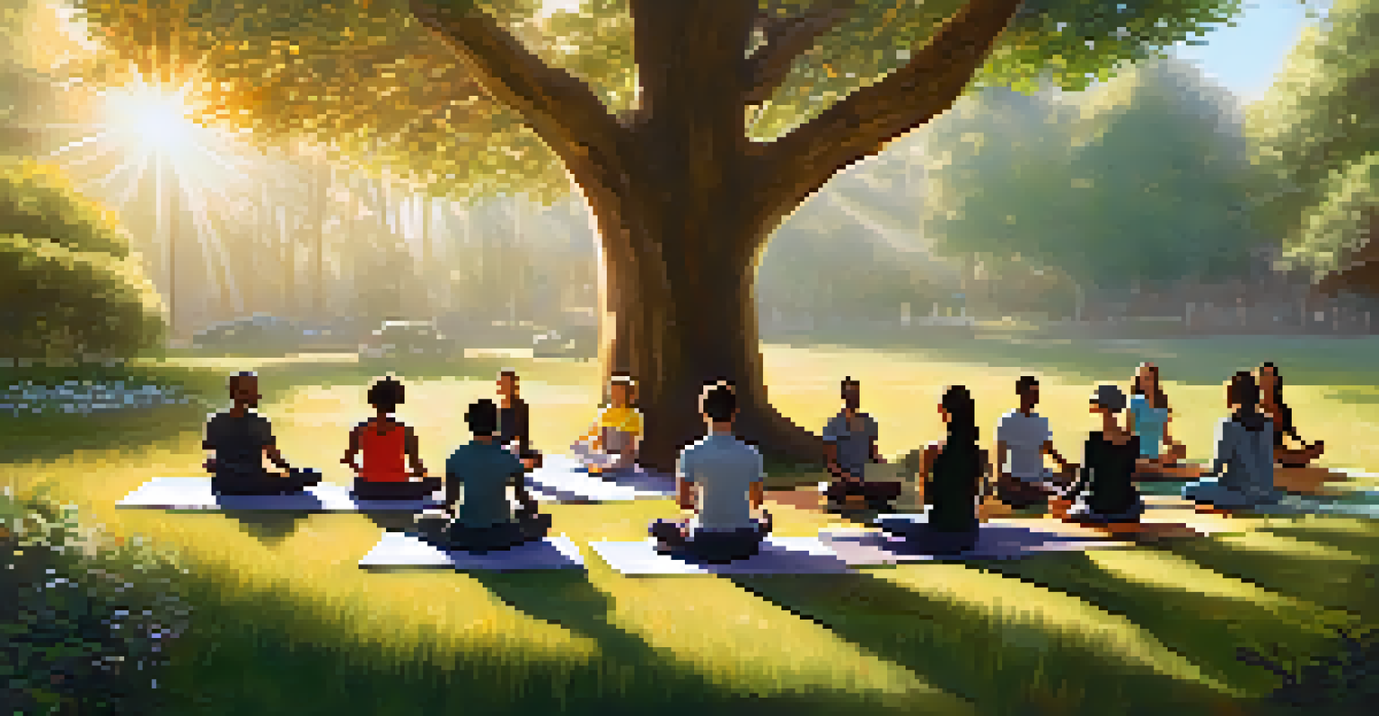 A mindfulness workshop in a peaceful garden with participants seated in a circle on yoga mats, guided by instructors.
