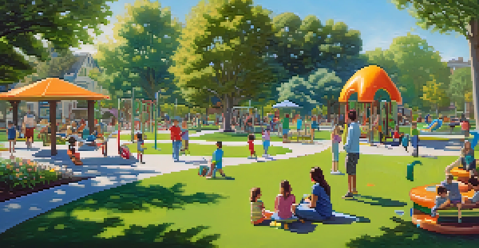 A lively park in Cupertino filled with families, children playing on playground equipment, and parents having a picnic on blankets under green trees.