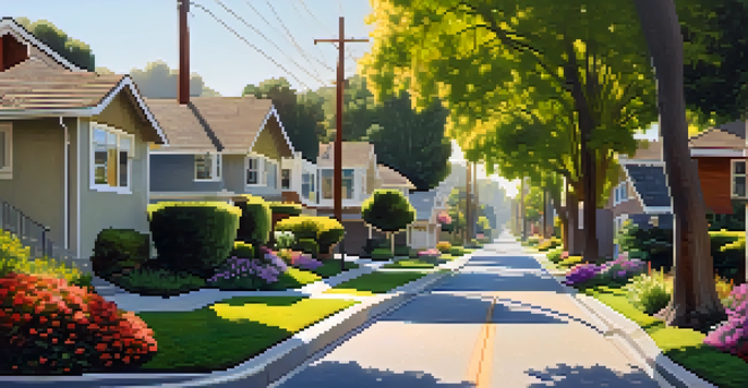 A beautiful suburban street in Cupertino with modern homes and blooming trees under warm sunlight.