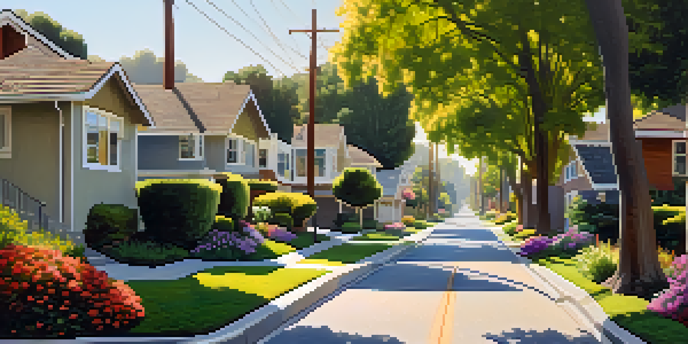 A beautiful suburban street in Cupertino with modern homes and blooming trees under warm sunlight.