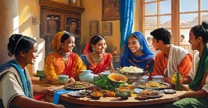 A diverse group of young people enjoying a cultural exchange meal together, surrounded by traditional decorations.