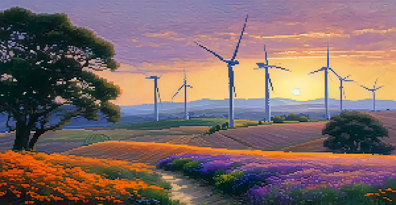 A wind farm at sunset with rotating turbines and colorful skies, surrounded by wildflowers.
