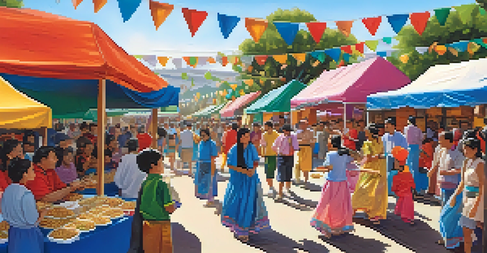 A lively festival scene with diverse people enjoying food and cultural performances, adorned with colorful decorations.