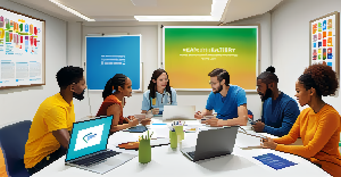 A diverse group of individuals participating in a workshop focused on digital health literacy, with laptops and tablets on a table.