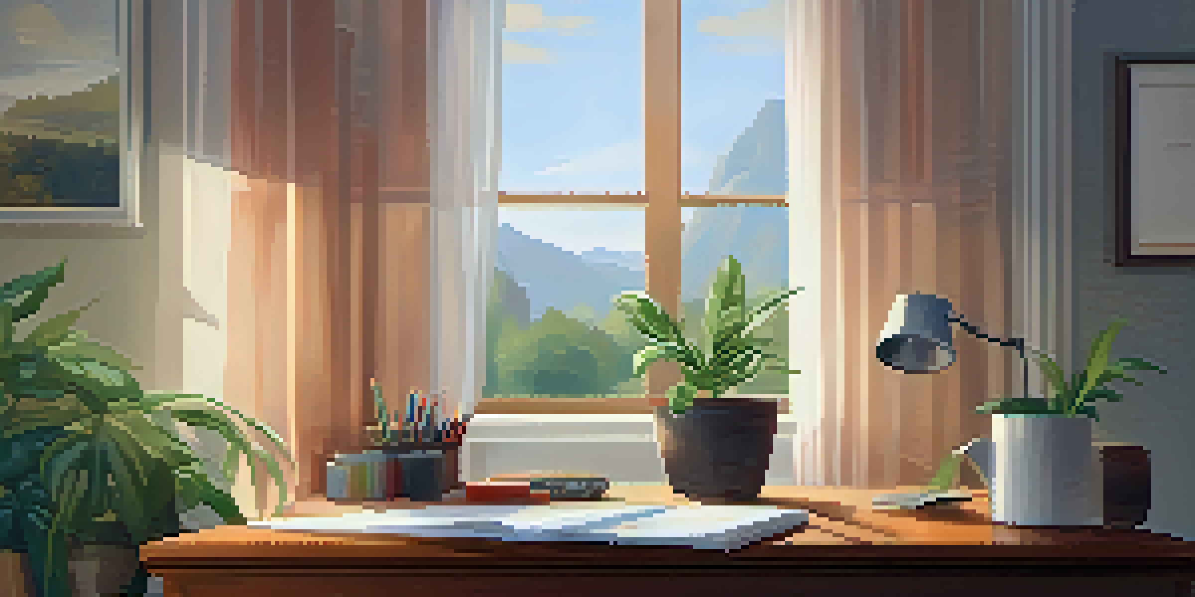 A cozy home office with a desk and laptop, featuring a plant and a cup of tea, illuminated by natural light.